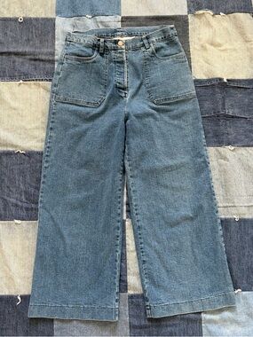 Loup Jeans Womens Size L Wide Leg High Rise Button Fly Simone Patch Pockets Blue
